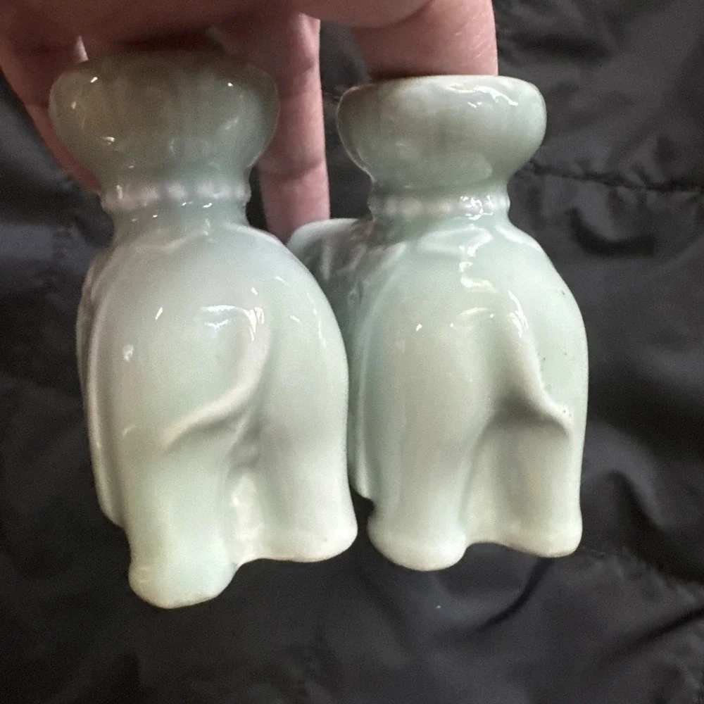 Chinese Elephant Candle‎ Holders Celadon Glaze Pottery Set Of 2 Vintage MCM Aqua